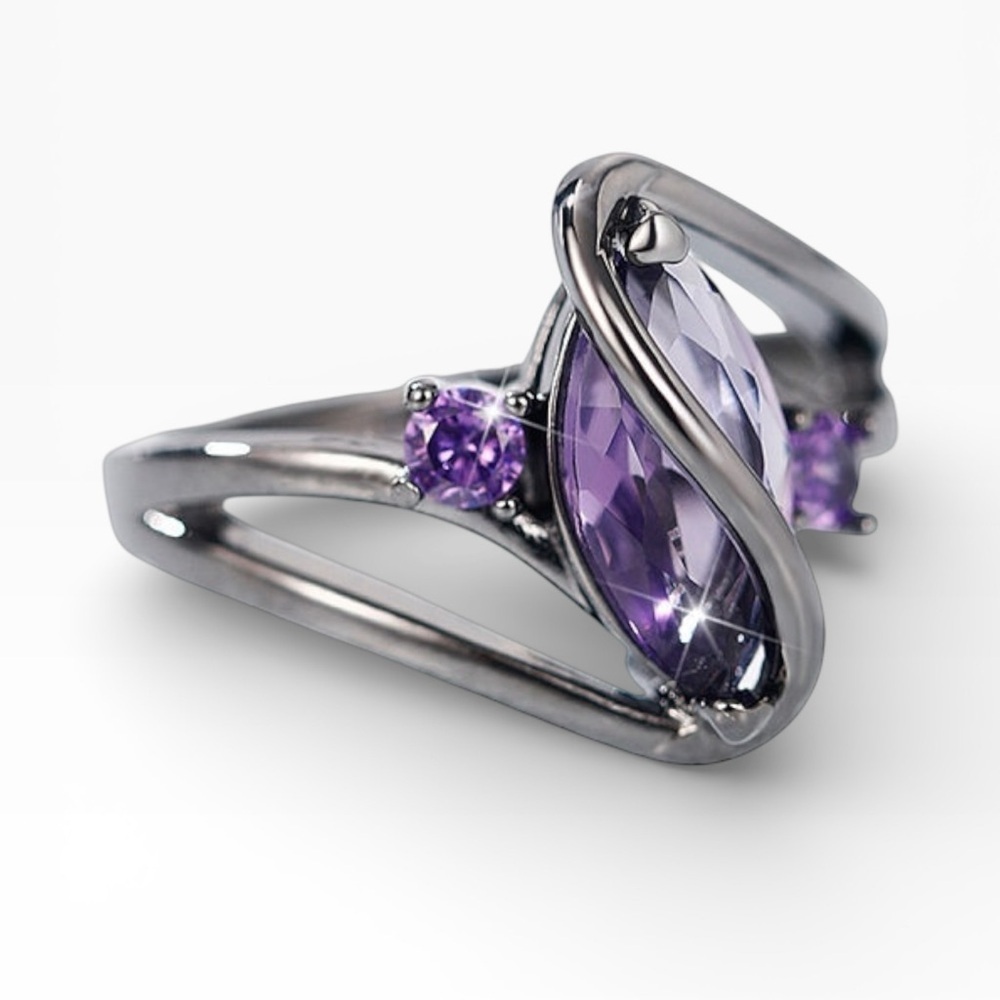 Marquise Cut Amethyst Gemstone Crystal Ring in Black Gold • Size 6.5